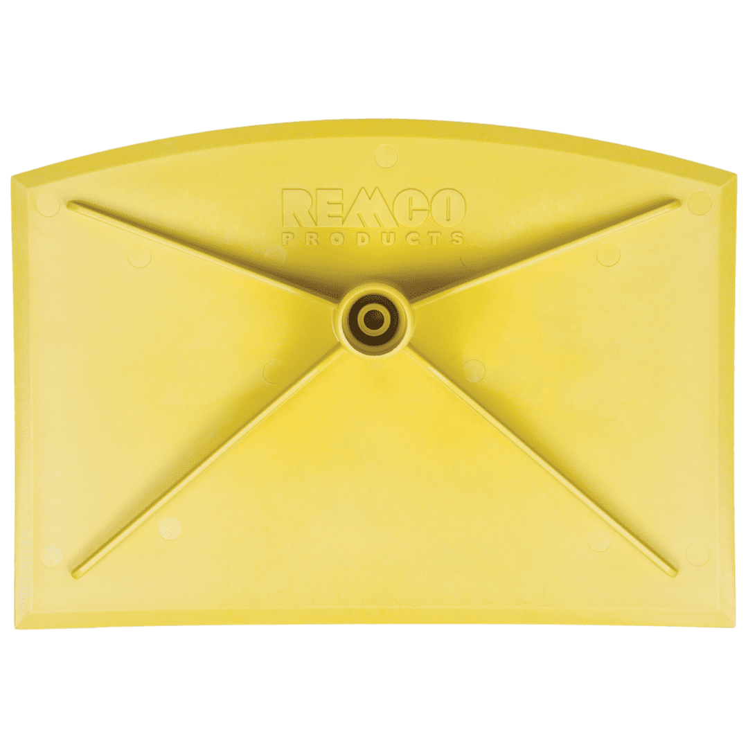 Yellow plastic squeegee with handle.