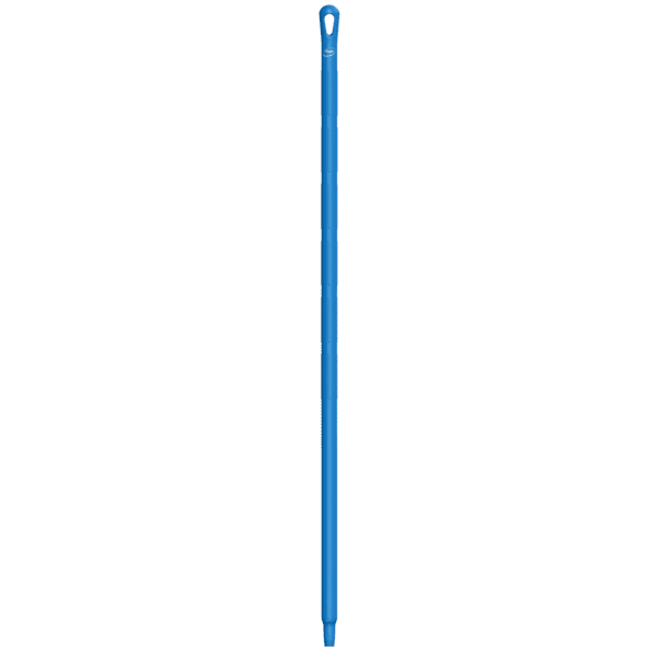 Blue plastic mop handle with a loop.