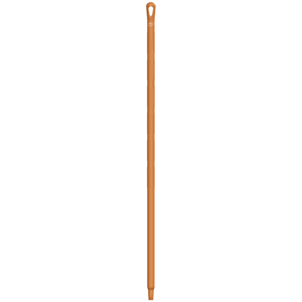 Brown plastic mop handle with loop.