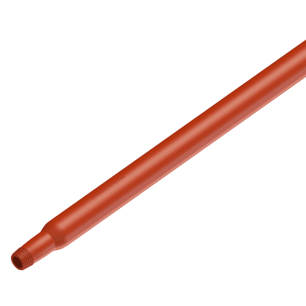 Red plastic pipe with threaded end.