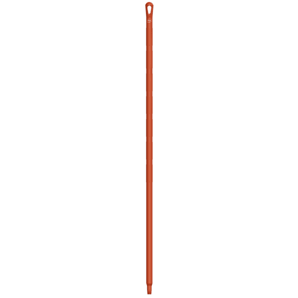 Orange plastic mop handle with loop.