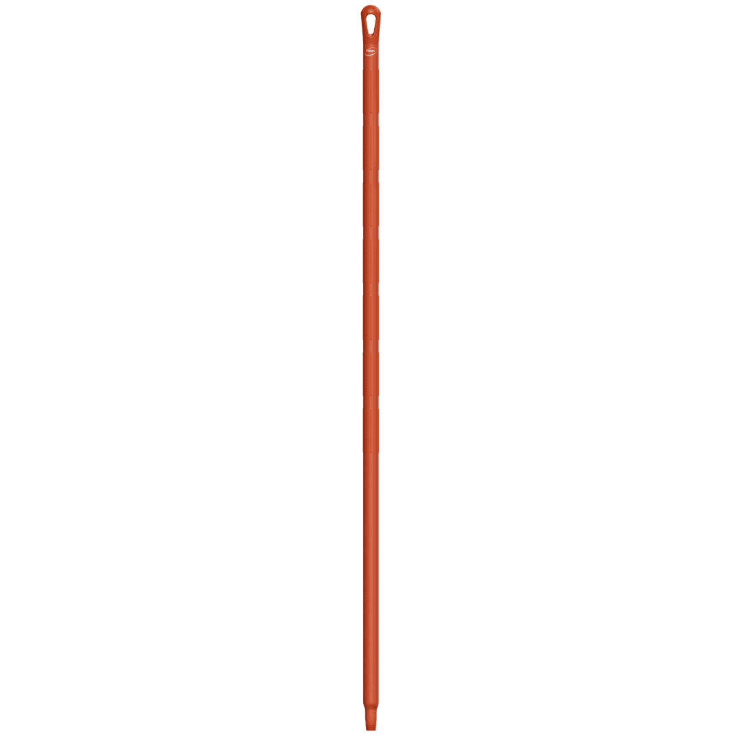 Orange plastic mop handle with loop.