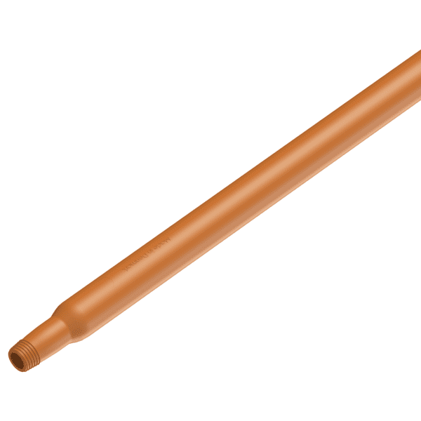 Orange plastic pipe with threaded end.