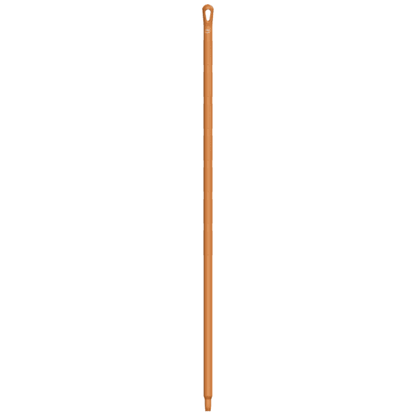 Brown plastic mop handle with loop.