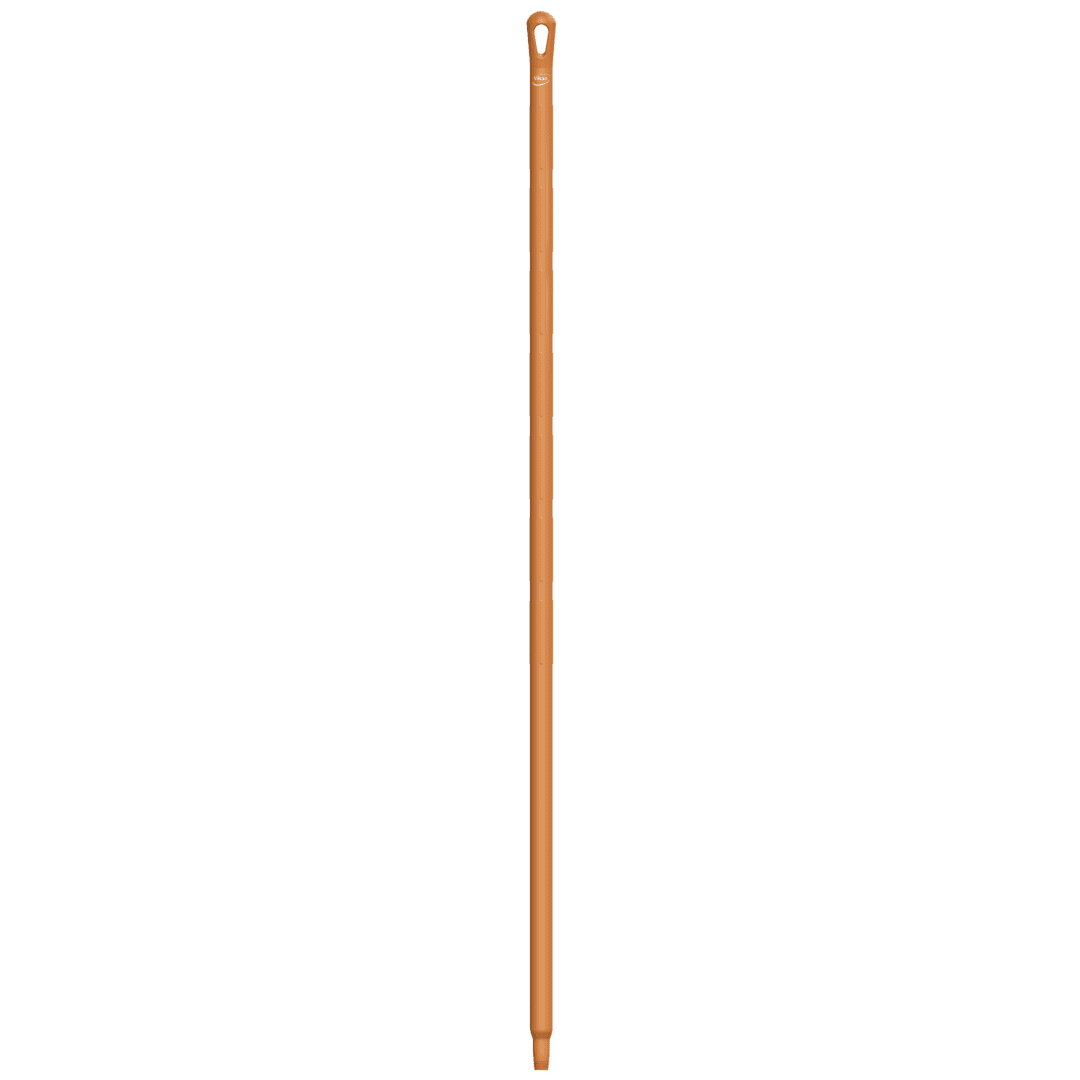 Brown plastic mop handle with loop.