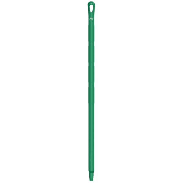 Green plastic mop handle with loop.