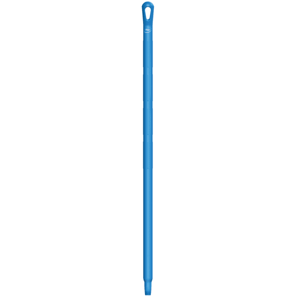 Blue plastic mop handle with loop.