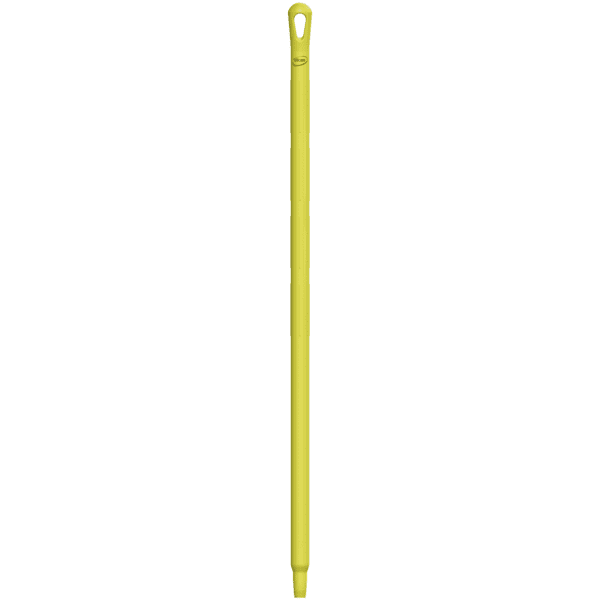 Yellow plastic mop handle with loop.