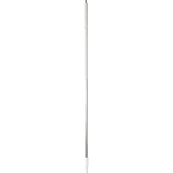 Silver mop handle with white ends.