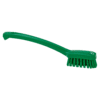 Green plastic scrub brush with handle.