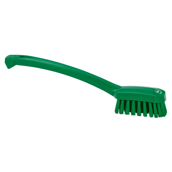 Green plastic scrub brush with handle.