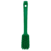 Green plastic scrub brush with handle.