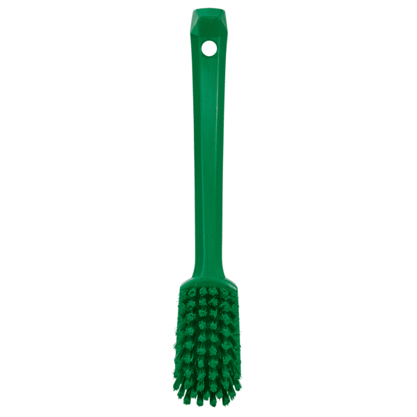 Green plastic scrub brush with handle.