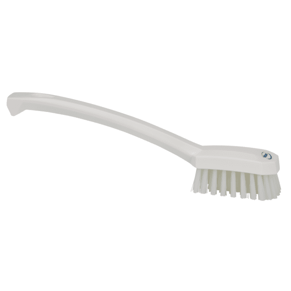 White plastic scrub brush with bristles.