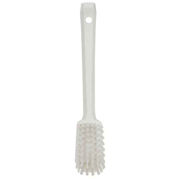 White plastic scrub brush with bristles.