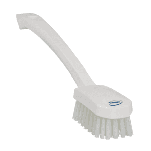 White plastic scrub brush with handle.