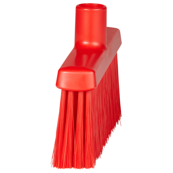 Red plastic broom with bristles.