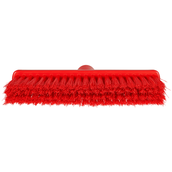 Red plastic broom with bristles.