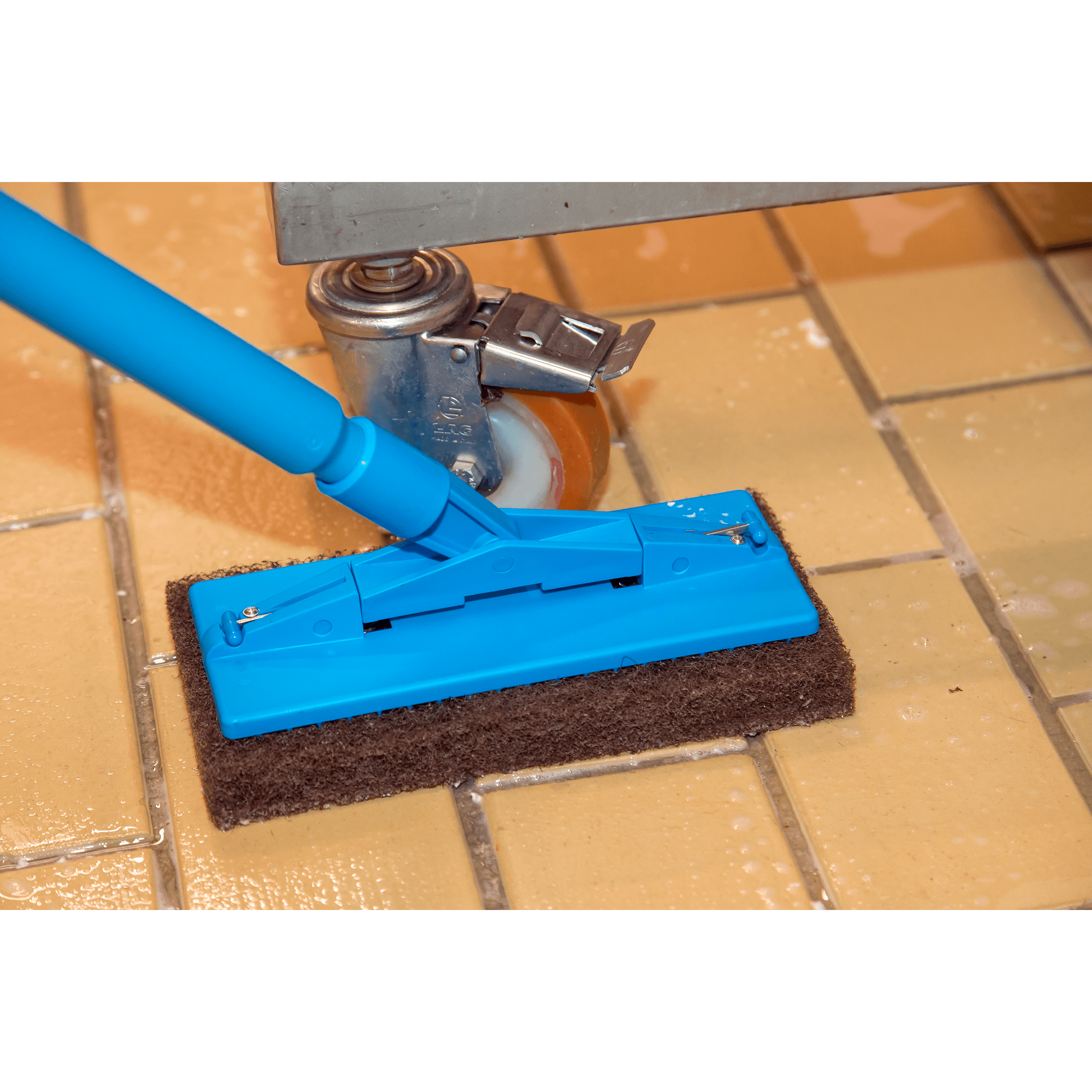 Scrub brush cleaning tiled floor.