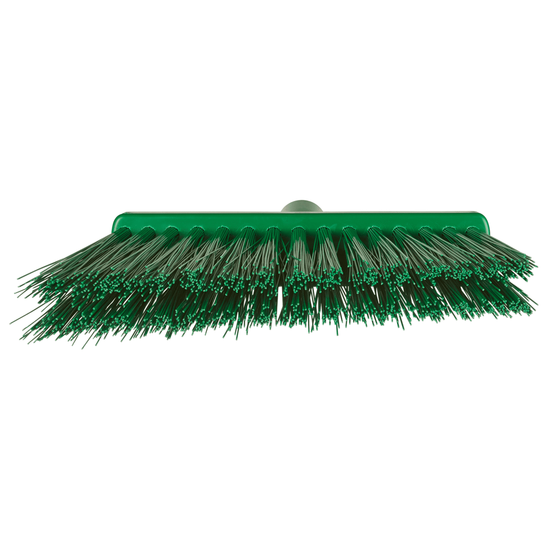 Green plastic broom with bristles.