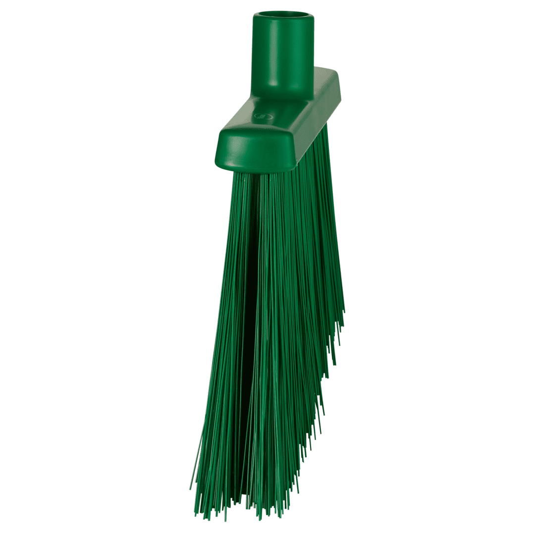 Green plastic broom with bristles.