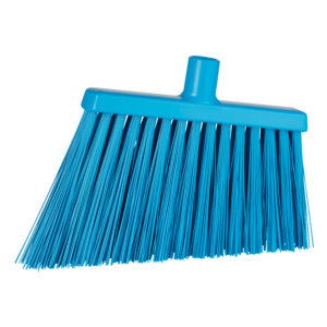 Blue plastic broom with bristles.