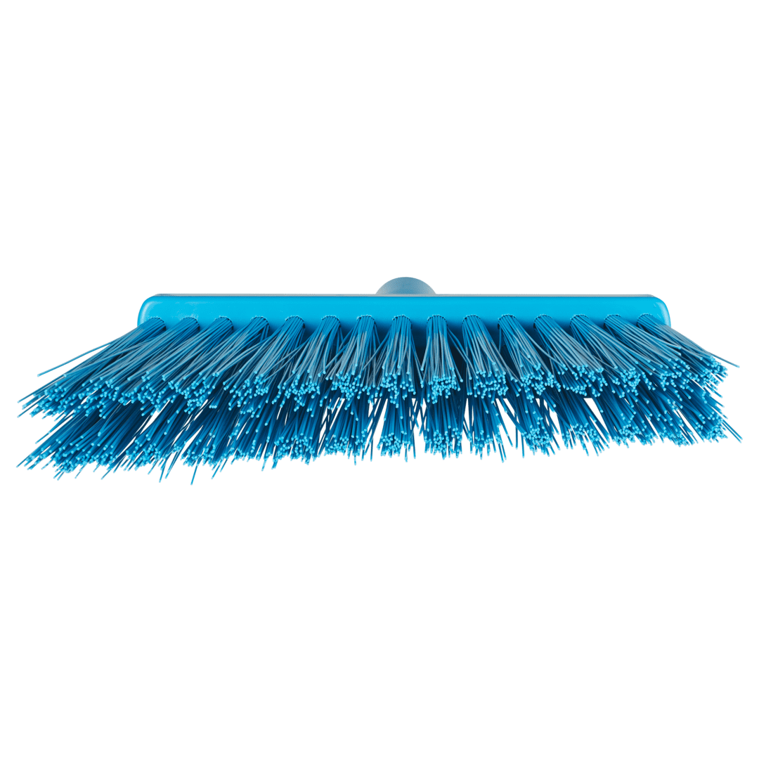 Blue plastic bristle broom isolated.