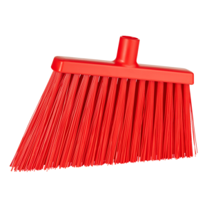 Red plastic broom isolated on white.