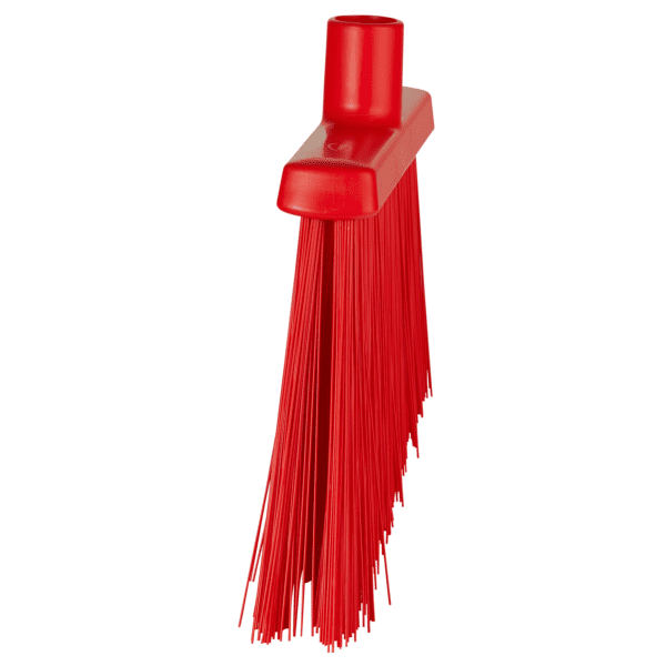 Red plastic broom with bristles.