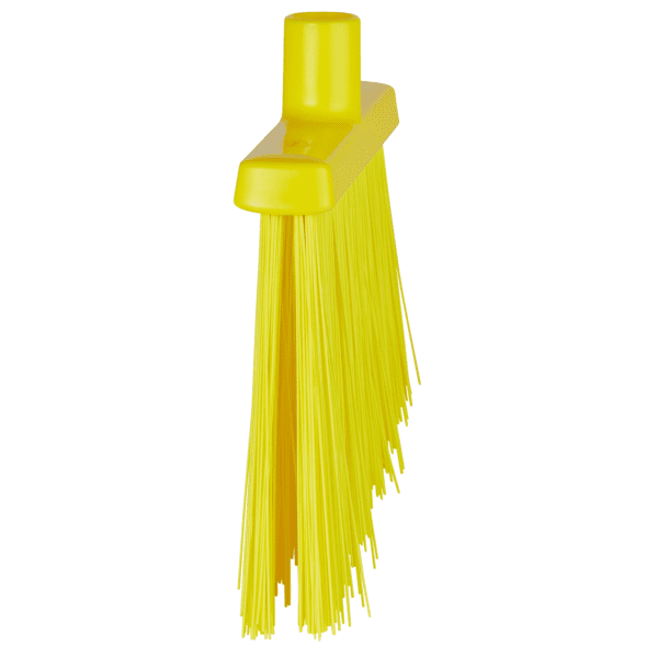 Yellow plastic broom with bristles.