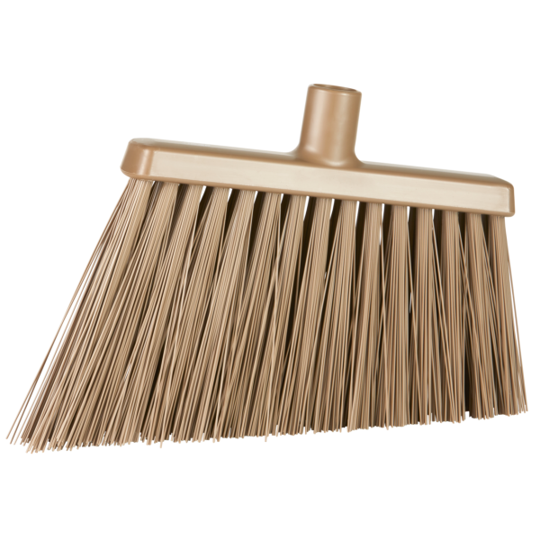 Brown broom with plastic handle.