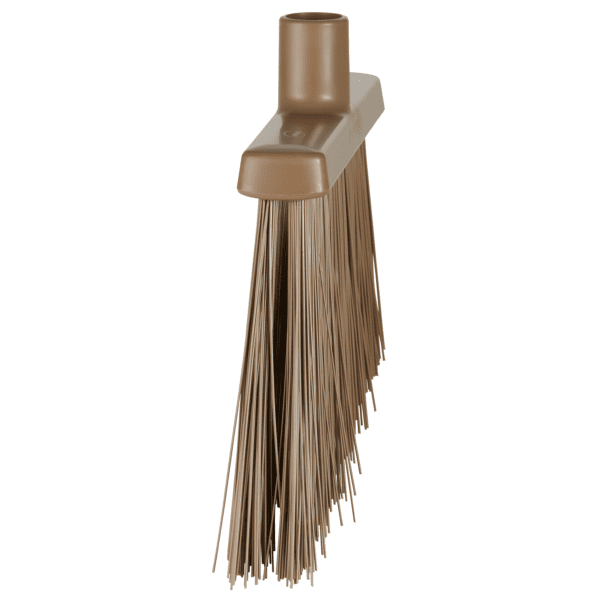 Brown plastic-bristled broom isolated.