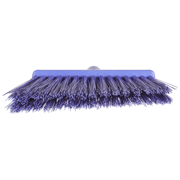 Purple plastic broom with stiff bristles.