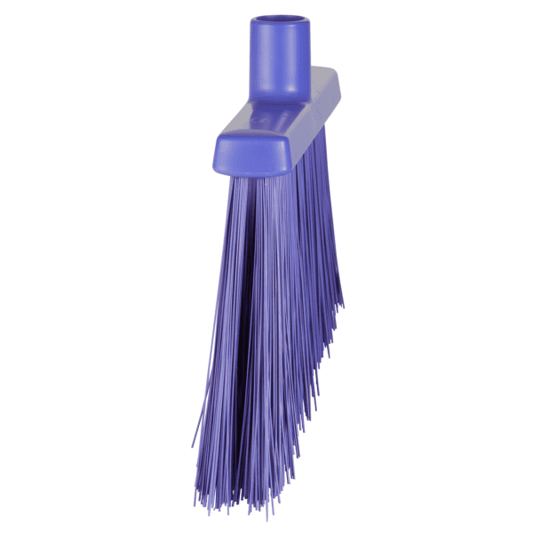 Purple plastic broom with bristles.