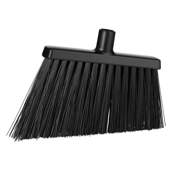 Black broom with plastic handle.