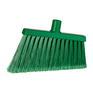 Green plastic broom with bristles.