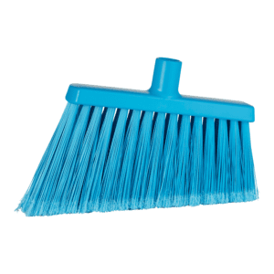 Blue plastic broom with bristles.