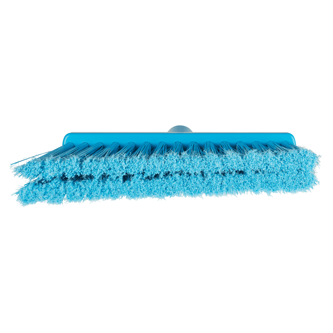 Blue broom with plastic bristles.