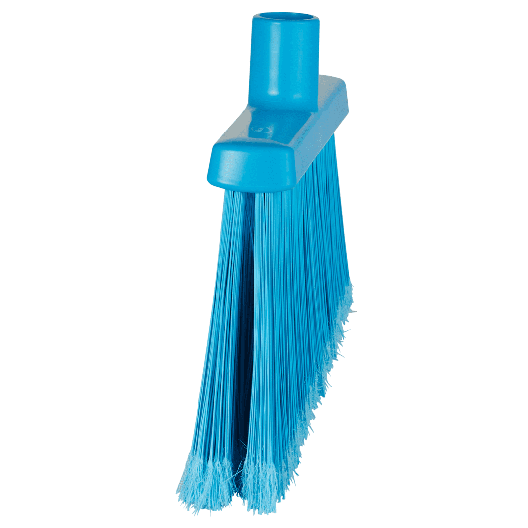 Blue plastic broom with stiff bristles.