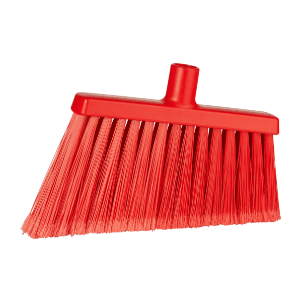 Red plastic broom with stiff bristles.