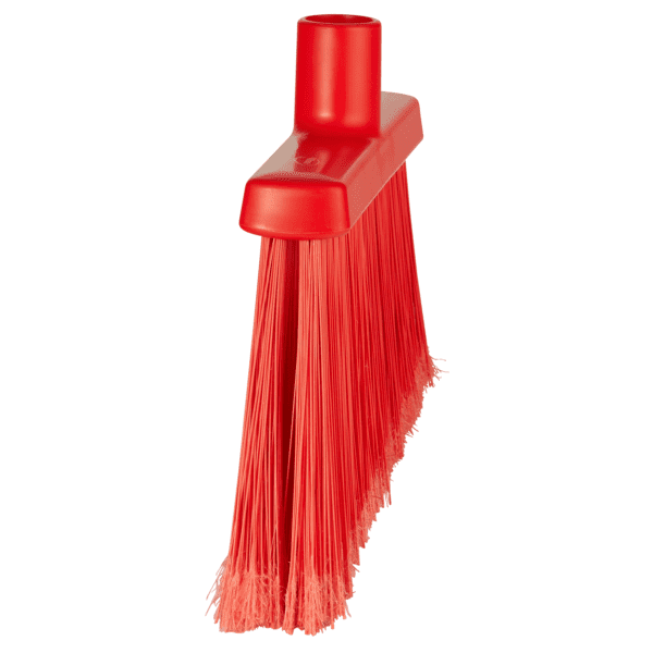 Red plastic broom with bristles.