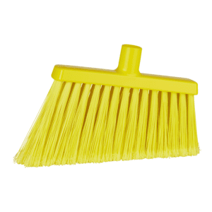 Yellow plastic broom with bristles.