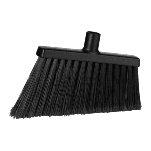 Black broom with plastic handle.