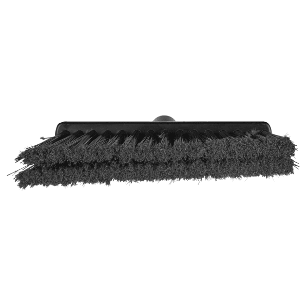 Black broom with stiff bristles.