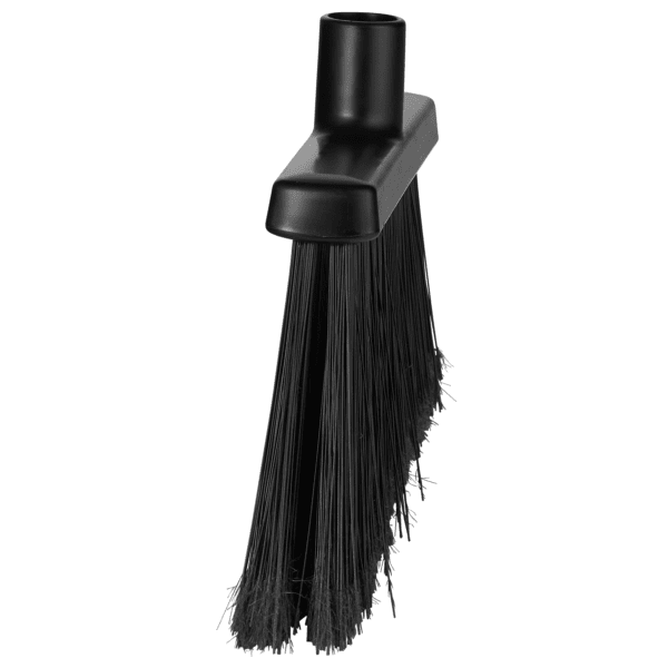 Black broom with plastic handle.