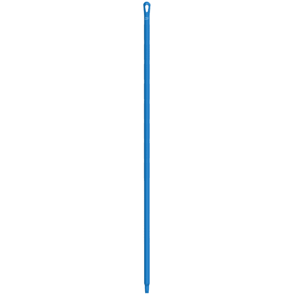 Blue plastic mop handle with loop.