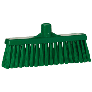 Green plastic broom with bristles.