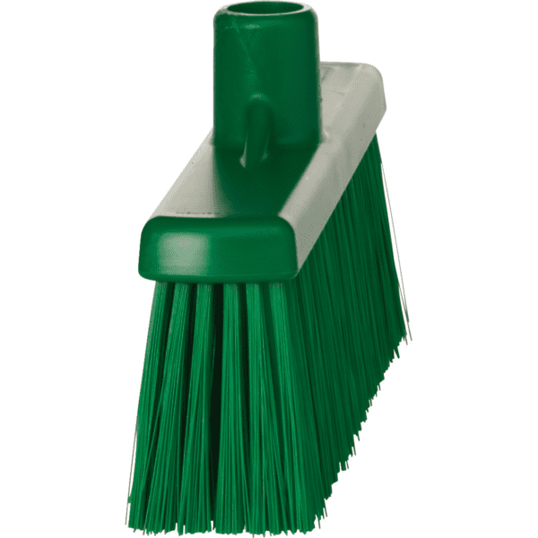 Green plastic broom with bristles.