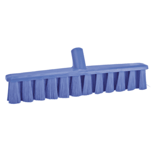 Blue plastic broom with bristles.