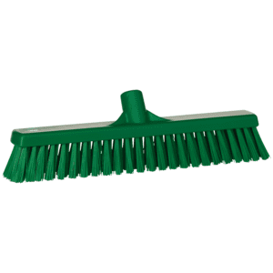 Green plastic broom with bristles.